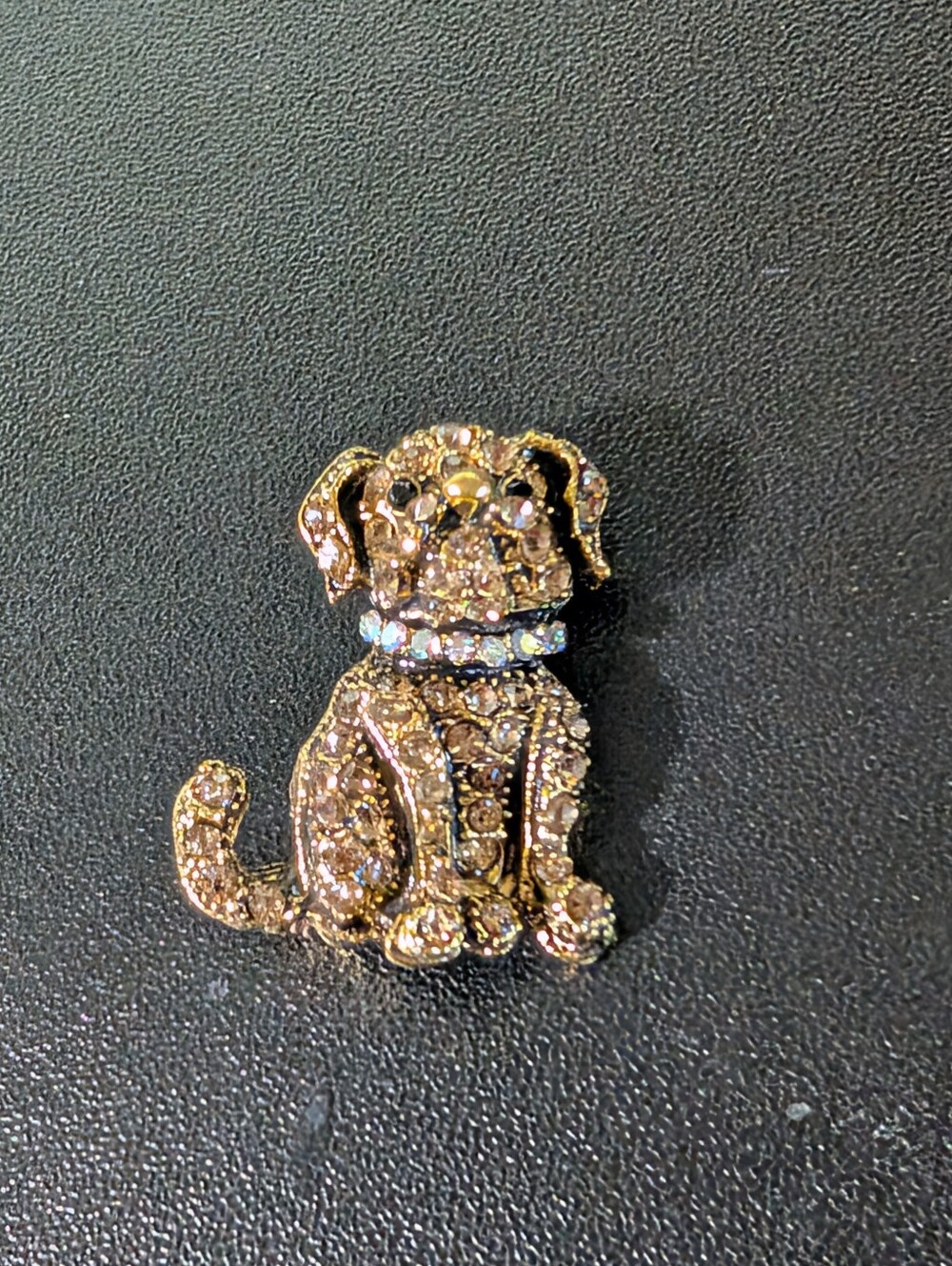 Crystal-Encrusted Dog Brooch in Gold Tone
